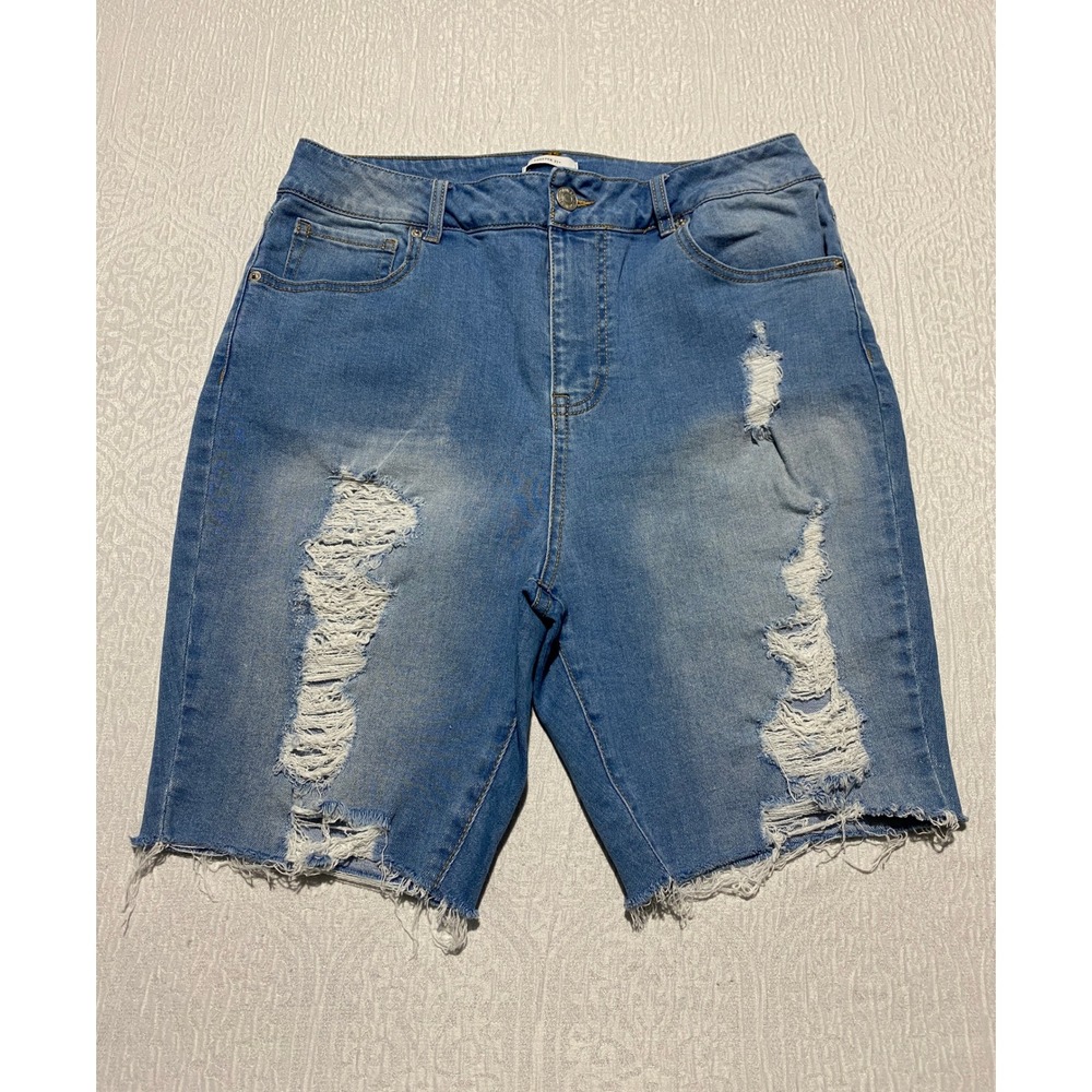 Forever 21+ Distressed Denim Jean Shorts Size 12‎ Raw Hem Ripped Cutoff Frayed